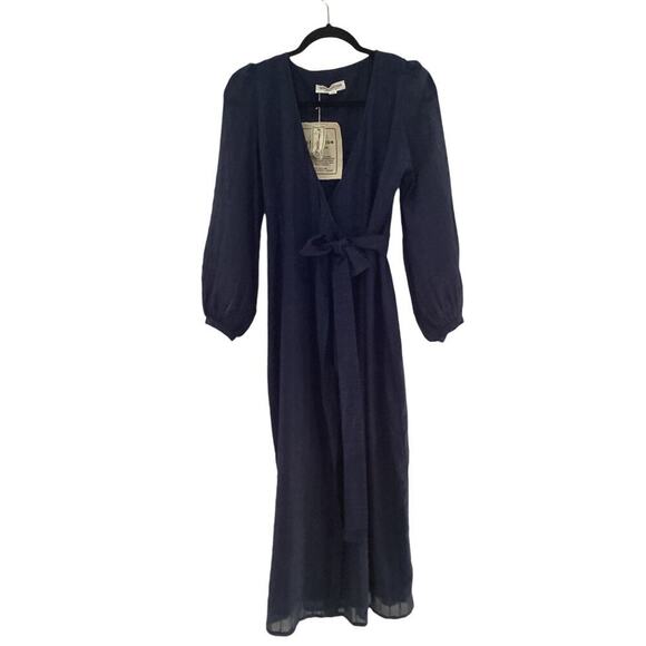 Emerson Fry India Collection Bishop Sleeve Dress In Dot Stripe Maritime Organic - Picture 2 of 13